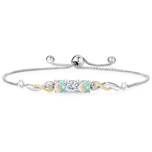 Gem Stone King Two-Tone Gemstone Birthstone and White Simulated Opal and Accent Lab Grown Diamond Infinity Tennis Bracelet For Women In 925 Silver and 10K Yellow Gold | Round 5MM | Fully Adjustable Up to 9 Inch
