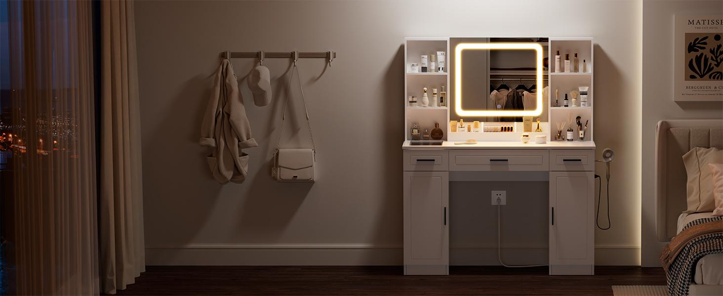 Vanity Desk with Mirror and Lights 45.3“W Makeup Desk with Drawers and Cabinet Vanity Table with Led Light Big Makeup Table with Charging Station Dressing Table with Glass Top for Bedroom White