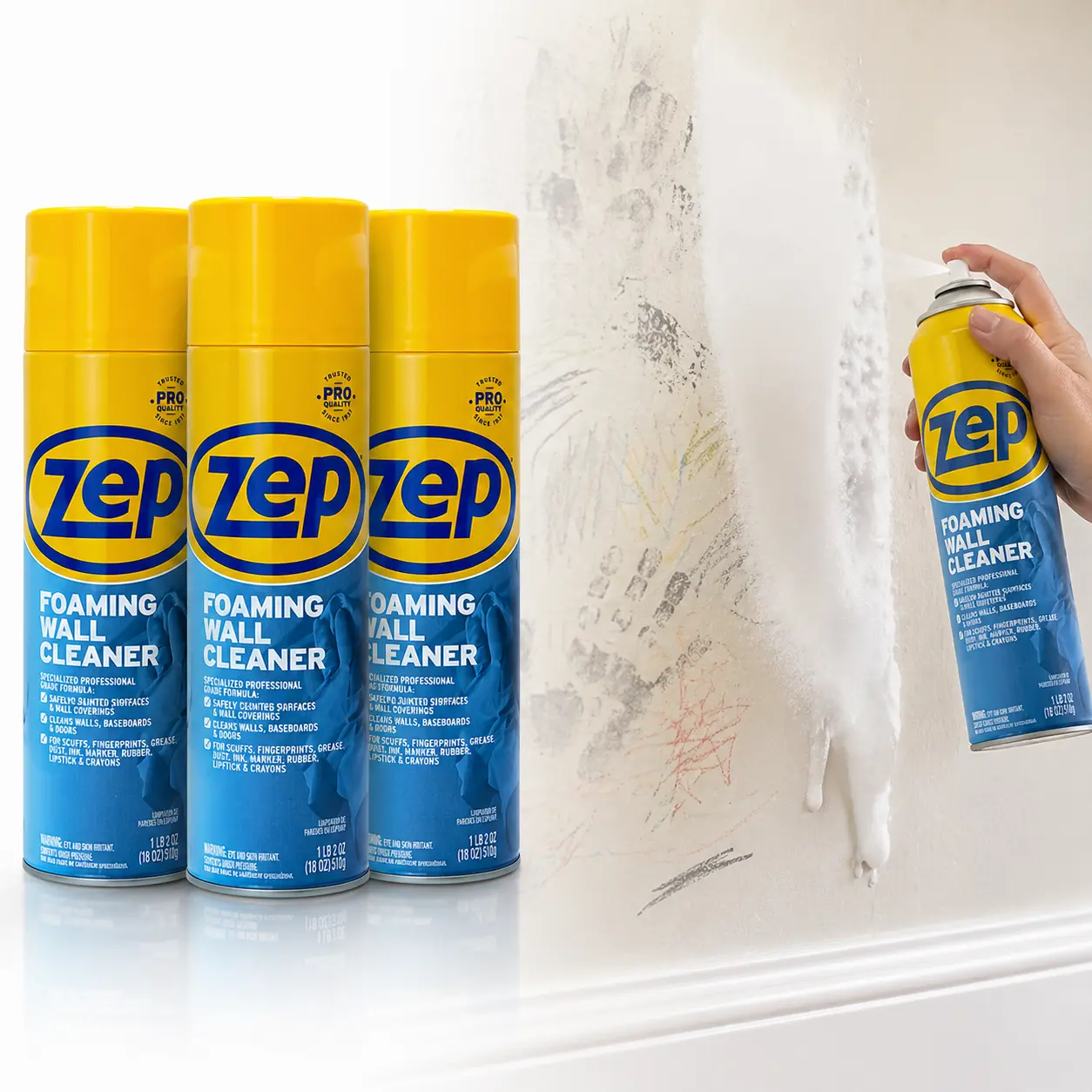 ZEP 18 oz. Foaming Wall Cleaner, wall cleaner spray, scuff mark remover, fingerprint remover, stain remover, no scrubbing, no rinsing, painted walls, woodwork, baseboards, tile, vinyl wallpaper, washable wallpaper, kitchen walls, hallway walls