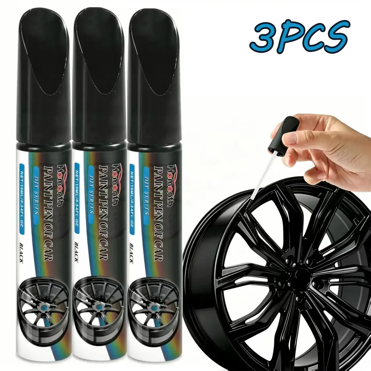 Gloss Black Rim Touch Up Paint Pen, Car Wheel Scratch Remover Repair Kit for Curb Rash, Universal Gloss Black Enamel Paint for Alloy Metal Wheels, Scratch Resistant Automotive Rim Accessories