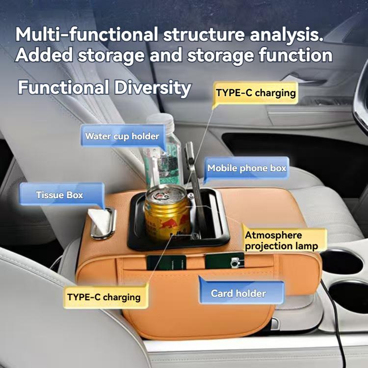 2026 New 5-in-1 Car Armrest Cushion with Height Extension Tissue Box and Storage Bag Starry Roof and Charging Function Memory Foam Central Console Armrest Pad for Car Interior