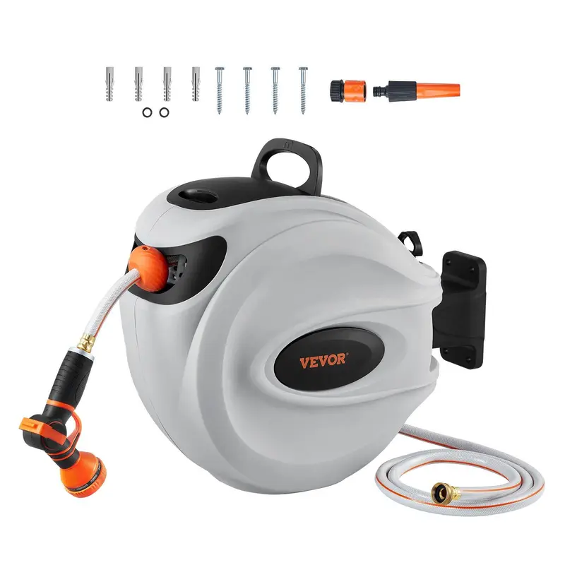 VEVOR Retractable Hose Reel, Max 130 FT / 115 FT / 100FT / 65FT / 84FT Garden Water Hose Reel with 9-Pattern Nozzle, 180° Swivel Bracket Wall-Mounted, Automatic Rewind, Lock at Any Length, with Slow Return System VEVOR Super Brand Day#SohoChic