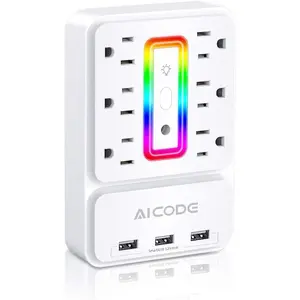 Aicode 6-Outlet Surge Protector with 3 USB Charging Ports (3.2A Total) and 6 Ambient RGB Lights, Multi-Plug Wall Outlet Extender for Home, Office, Dorm, and Hotel Use AICODE