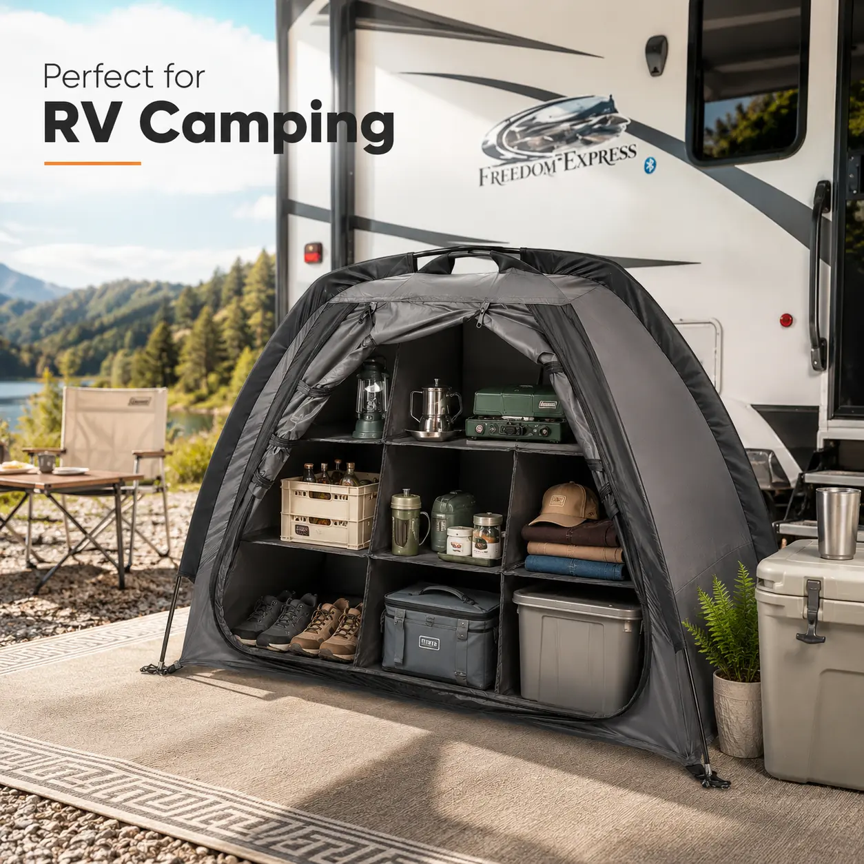 Portable camping storage organizer with shelves, outdoor tent cabinet, foldable camping gear organizer, dustproof 9-compartment shelf for camping, hiking, RV & home storage