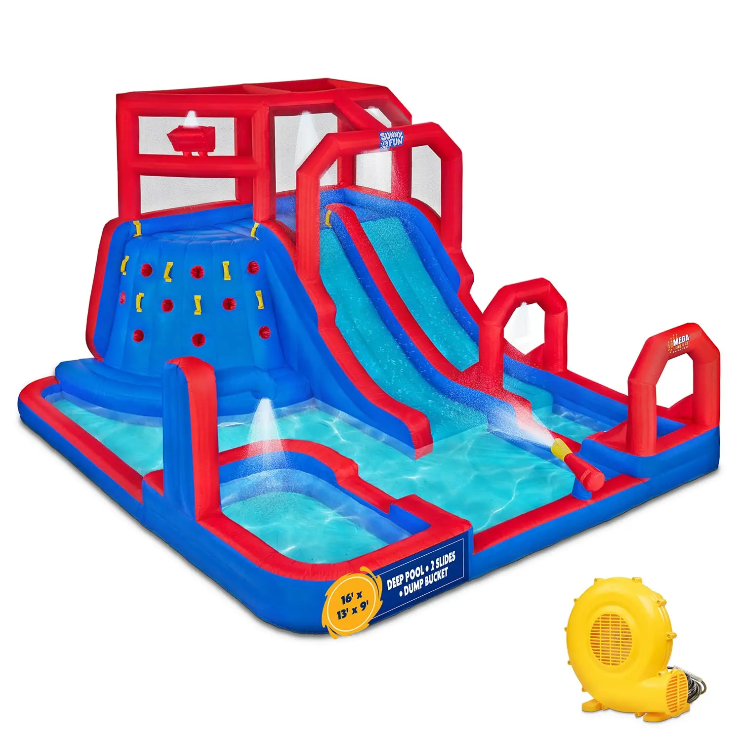 Sunny & Fun Deluxe Adventure Inflatable Water Park with Climbing Wall & Pool - Red/Blue, Durable Nylon Fabric, 2 Water Slides, Splash & Deep Pool, Easy to Assemble & Deflate