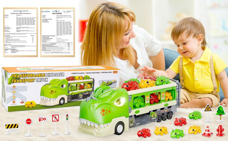 Durable Garage Multifunction Dinosaur/Princess/Unicorn Truck Toys for 2-7 Year Boys & Toddlers Foldable Track 2 Player Race Mode Light Sound Transport Carrier with 6 Dino Cars 12 Accessories Birthday Christmas Gift Idea for Kids Girls