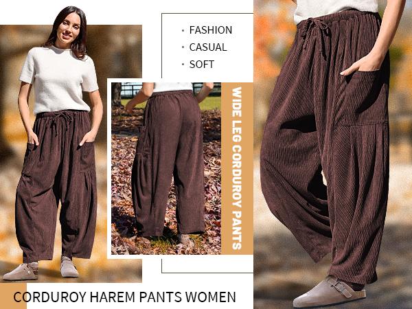 【NEW】TARSE Womens Corduroy Pants Wide Leg Palazzo Harem Pants Drawstring Casual Loose Barrel Work Trousers with Pockets Baggy Vintage Fall Winter Bottoms