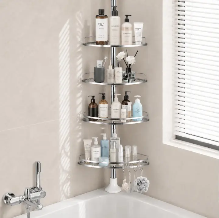 4-Tier Corner Shower Caddy with Adjustable Tension Pole, Stainless Steel Bathroom Organizer with 4 Hooks, Fits 38.6"-102", Silver