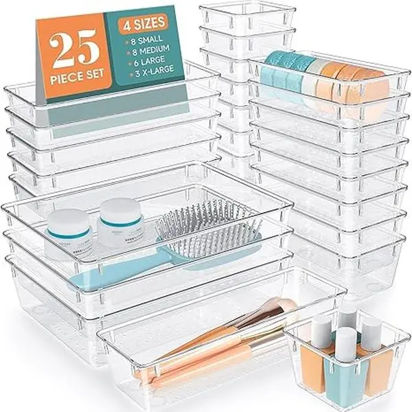 25 PCS Clear Plastic Drawer Organizers Set, 4-Size Versatile Bathroom and Vanity Drawer Organizer Trays, Storage Bins for Makeup, Bedroom, Kitchen Gadgets Utensils and Office,dorm essentials,home decor