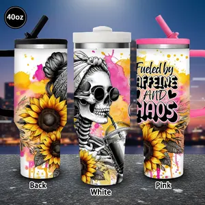 1pc 40oz Sunflower Skeleton Caffeine Chaos Tumbler with Lid and straw, Winter Insulated Travel Mug, Gift for Women Men, Ideal for Valentine's Day, Birthday Gift, Coffee Cup for Office