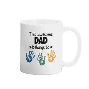 "This Awesome Dad Belongs To" Handprint Coffee Mug, 11oz Black & White Two-Tone Ceramic Tea Cup, Personalizable Kid Handprint Design, Perfect Fathers Day Gift for Dad