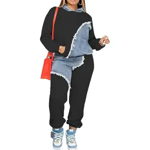 Women's Long Sleeve Casual Hooded Sweatshirt + Pants Two-Piece Set with Pockets Patchwork Denim Tracksuit Can be used with a raincoat