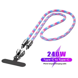 2 in 1 Lanyard 240W USB C To Type C Fast Charging Cable PD3.1 USB Type C Data Cord Super Fast Charging hands-free carrying