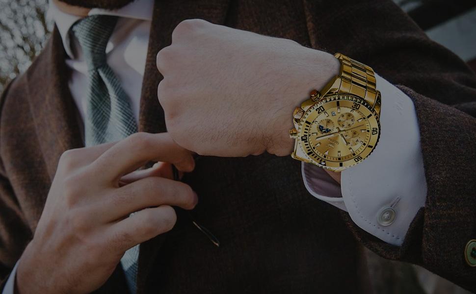 OLEVS Mens Diamond Business Dress Analog Quartz Stainless Steel Waterproof Luminous Date Two Color Luxury Casual Watch