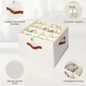 16 Pairs Large Capacity Shoe Storage Organizer for Closet, Foldable Shoe Container Box with Adjustable Dividers & Clear Lid, Dustproof Space Saving Shoe Rack, Beige