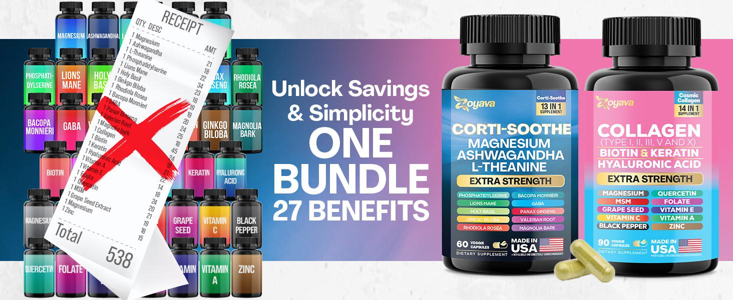 Shining Serenity Set - Zoyava Collagen & Cortisol All-in-One Dietary Supplement - Multivitamin Combo for Fitness & Healthcare with Extra Strength Ingredients - Made in USA