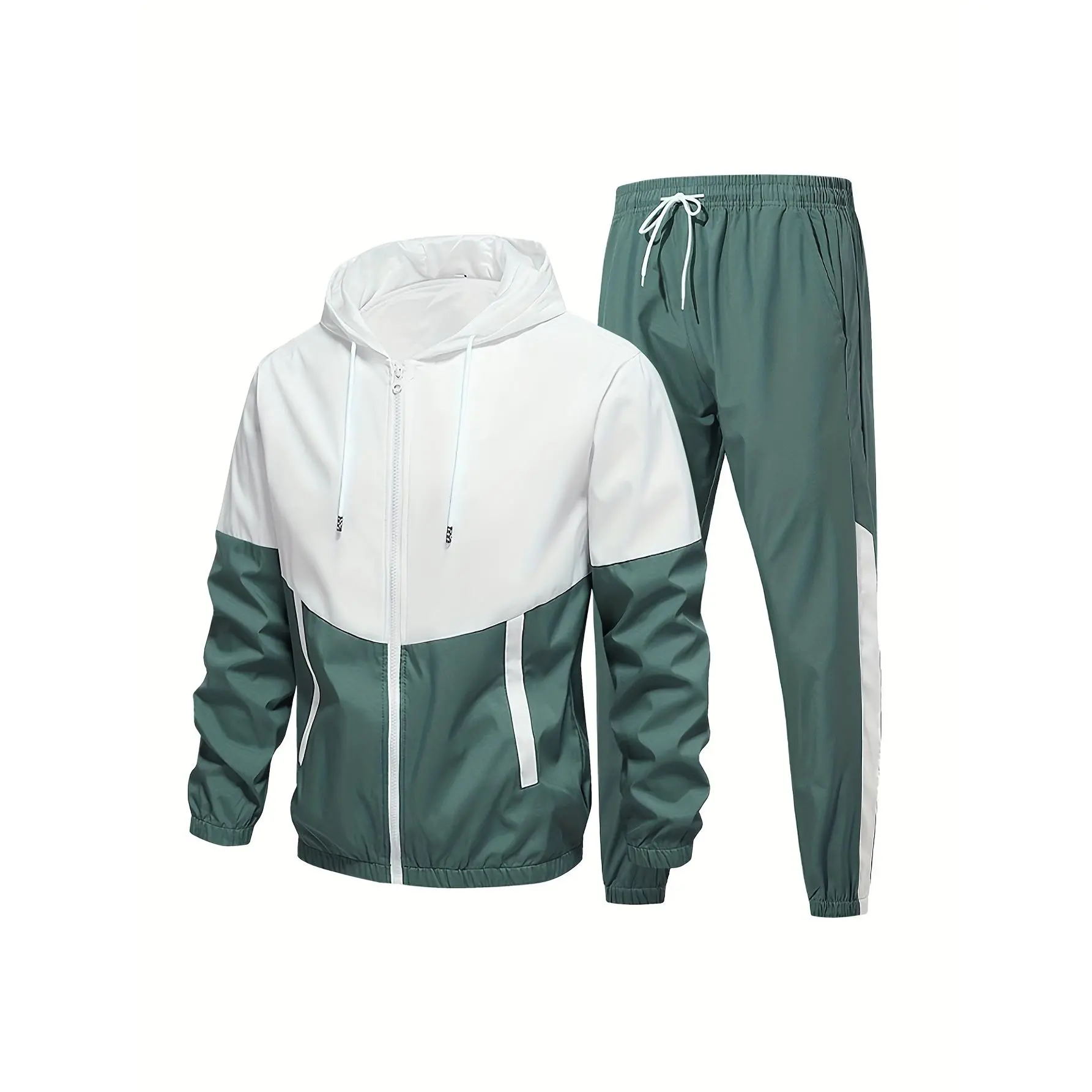 Men's Woven Synthetic 2-Pieces Tracksuit - Long Sleeve Hooded Jacket & Pants, Solid College Style, All Seasons Regular Fit, Machine Washable Outfits