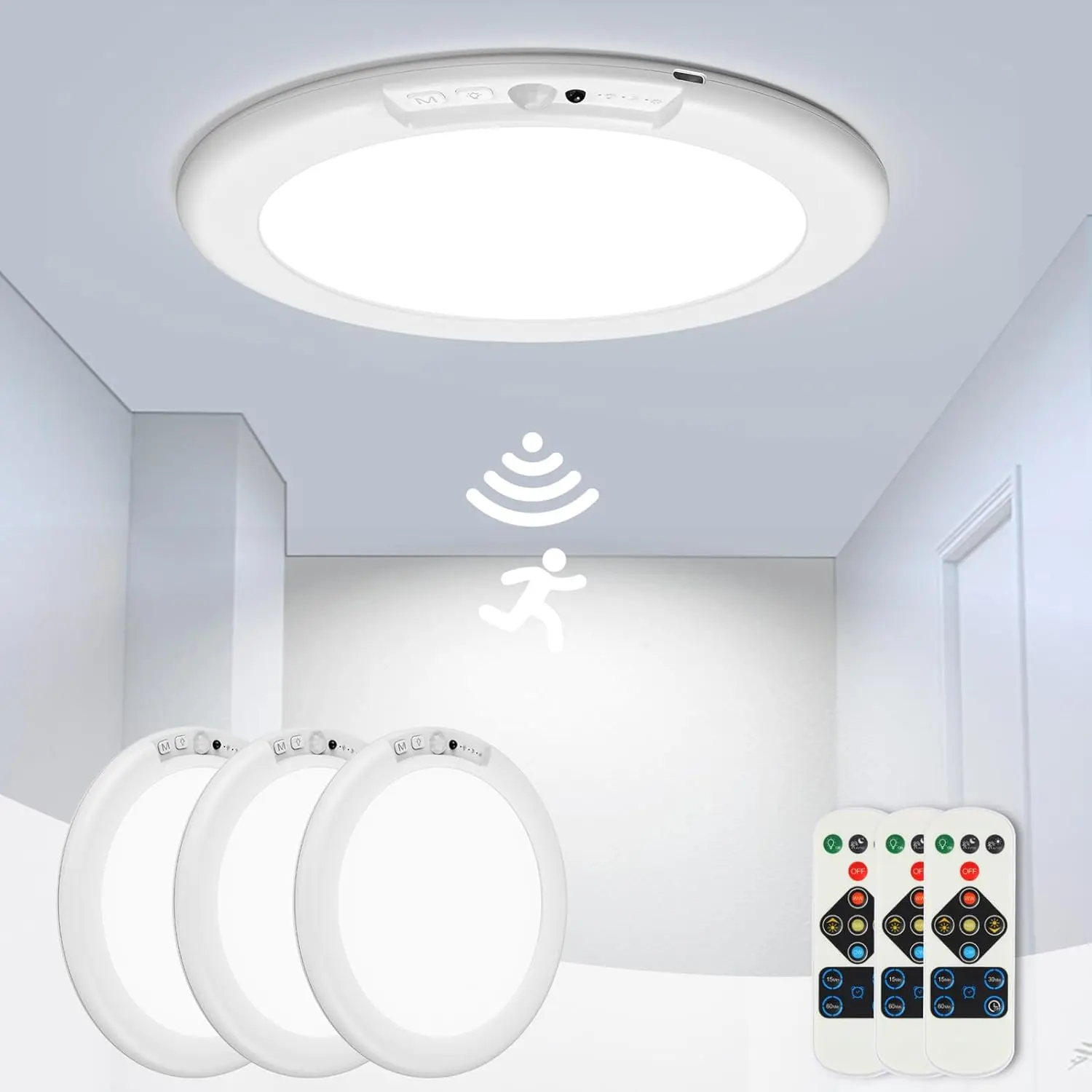 Rechargeable Motion Sensor LED Ceiling Lamp - Plastic-Steel Magnetic Wireless Remote-Controlled Battery-Powered Ceiling Lighting, Easy-to-Install Indoor LED Lights Bedroom Fixture for Closet, Stairs