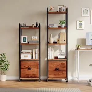 4 Tier / 5 Tier Multi-Functional Storage Shelf with Drawer, Wood & Metal Display Organizer for Books Decor Plants, Tall Standing Rack for Living Room Bedroom Closet