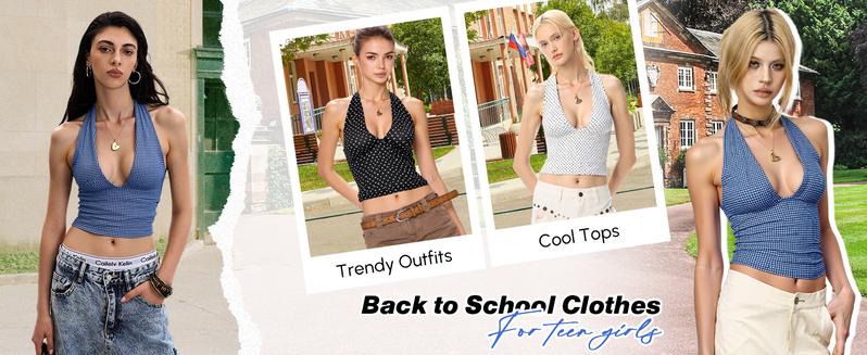 EMMIOL Women's Gingham Halter Top - Deep V Neck Sleeveless Open Back Crop Tank Top for Summer Y2K Coquette Fashion