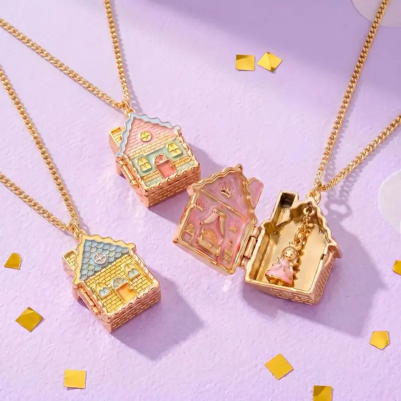 Openable Fairy Tale Gingerbread House Pendant Necklace - Colorful Enamel (Blue,Yellow,Pink,Green), Copper Base, Commute Fashion Costume Jewelry Accessory