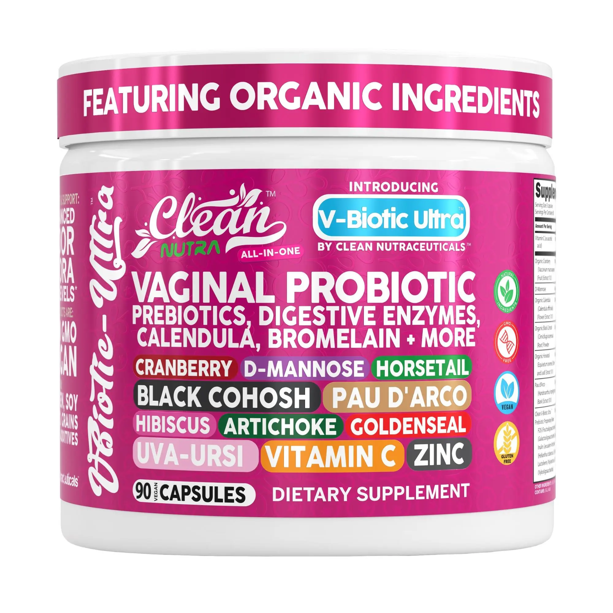 Clean Nutra Vaginal Probiotic + Prebiotics For Women, Digestive Enzymes, Calendula, Bromelain & More Probiotic Supplement for Women - V-Biotic Ultra