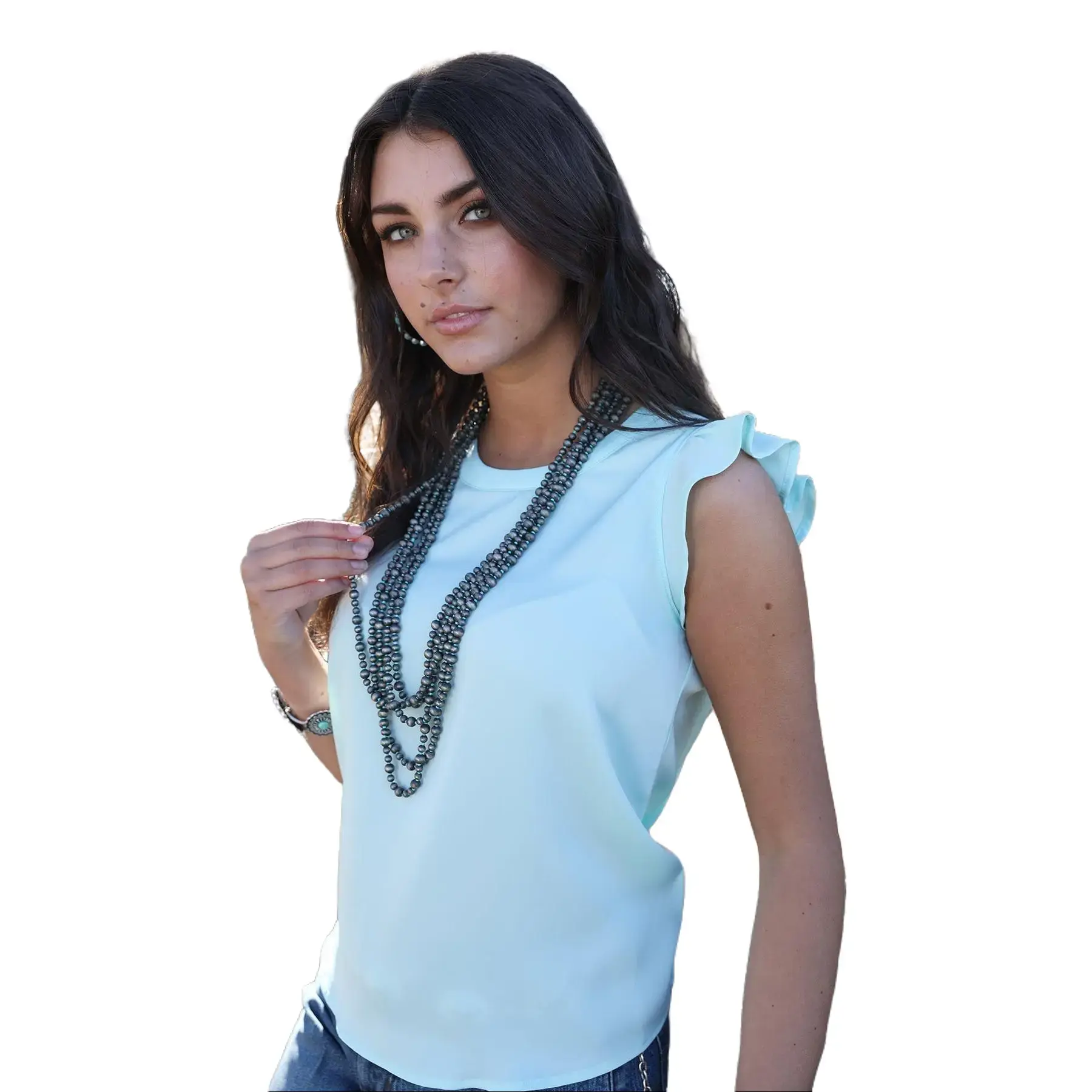 Cruel Girl Women's Light Blue Lightweight Western Blouse with Feminine Ruffle Cap Sleeves and Keyhole Back, Cap Sleeve, Ruffle Trim, Western Flair, Round Neck, Breathable, Casual