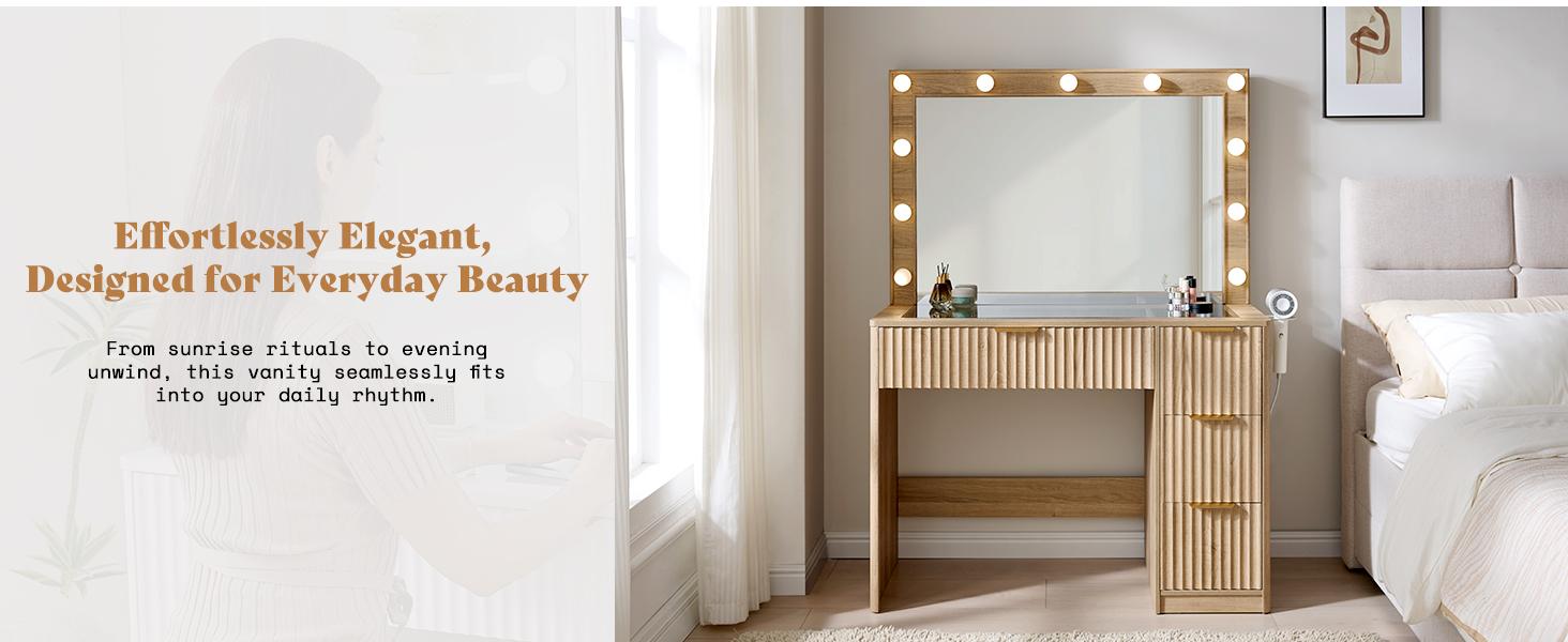 AMERLIFE 36.2/47.2" Fluted Vanity Desk with Mirror and Adjustable LED Lights, Large 4/7 Drawers Makeup Table with Glass Top and Charging Station for Women and Girls,,Best Gift Ideas/Christmas Gifts