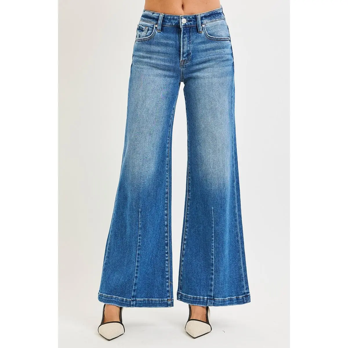 Women's Stretchy Cotton Blend Denim Flared Pants - Mid-Rise Wide-Leg Bottom with Pockets, Plus Size Available, Fashion Fit Option
