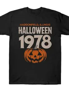 Men's Vintage 90s Michael Myers Halloween T-Shirt 100% Retro Horror Movie Graphic Tee with Jack-O-Lantern Design, Short Sleeve Casual Shirt for Halloween Parties & Casual Attire, Halloween Clothes Fabric Menswear funny  tshirt