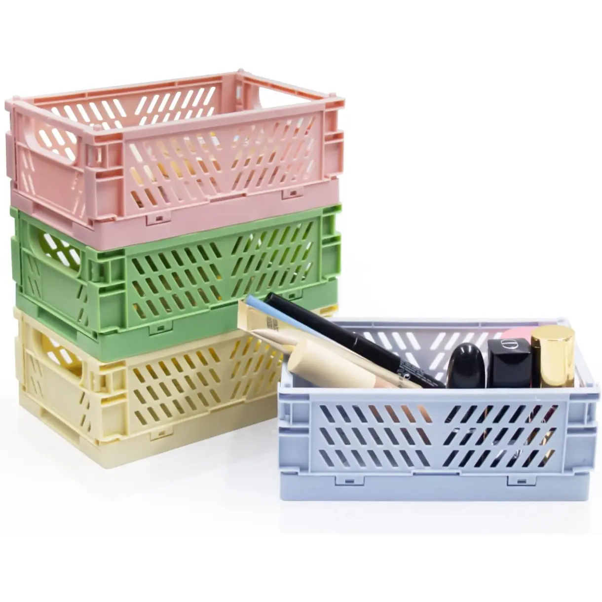 4 Pack Mini Foldable Plastic Small Baskets for Organizing and Storage, Collapsible Storage Crate for Home Bedroom Office Classroom Drawer Organizers (5.9x3.9x2.2in) Mini Size