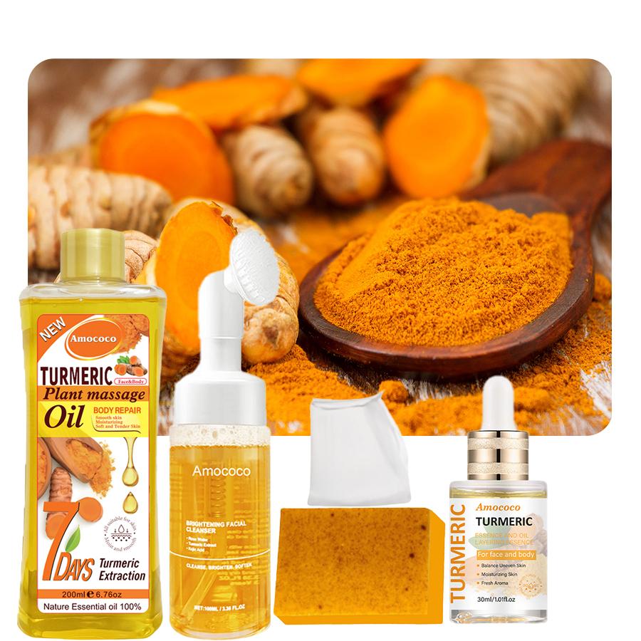 Turmeric Four Piece Skincare Set - Includes Turmeric Massage Oil, Cleansing Mousse, Facial Essential Oil, and Turmeric Soap - Comfortable