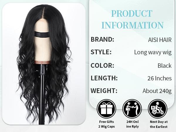 [ AISI HAIR ] Black Wig for Women, Long Wavy Lace Hairline Middle Part Synthetic Heat Resistant Wig for Daily Party-26 Inch