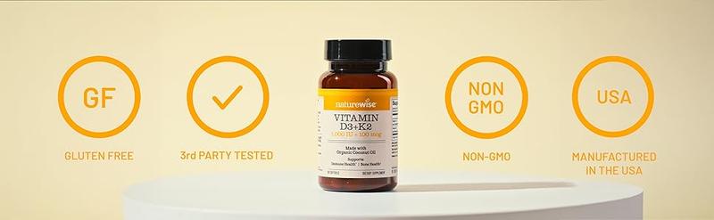 NatureWise Vitamin D3 + K2 (MK7) 100mcg with Organic Extra Virgin Coconut Oil - Mini Softgels - Supports Calcium Absorption, Bone & Immune Health - Non-GMO, Soy & Gluten-Free - USA Manufactured