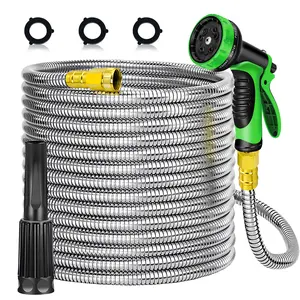 LOVFEN 5/8" Stainless Steel Garden Hose 50FT, Heavy Duty Water Hose With 10 Function Nozzle, No-Kink, Tough & Flexible, Sturdy and Lightweight, Rust Proof for Yard, Outdoor, RV