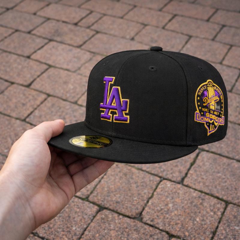 Fashion black snapback cap with purple LA logo and gold outline – limited embroidered patch design for men and women