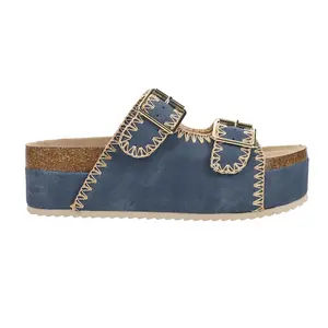 MIA Womens Bowie Footbed Platform Slide Casual Sandals Casual Mid Heel 2-3" - Blue