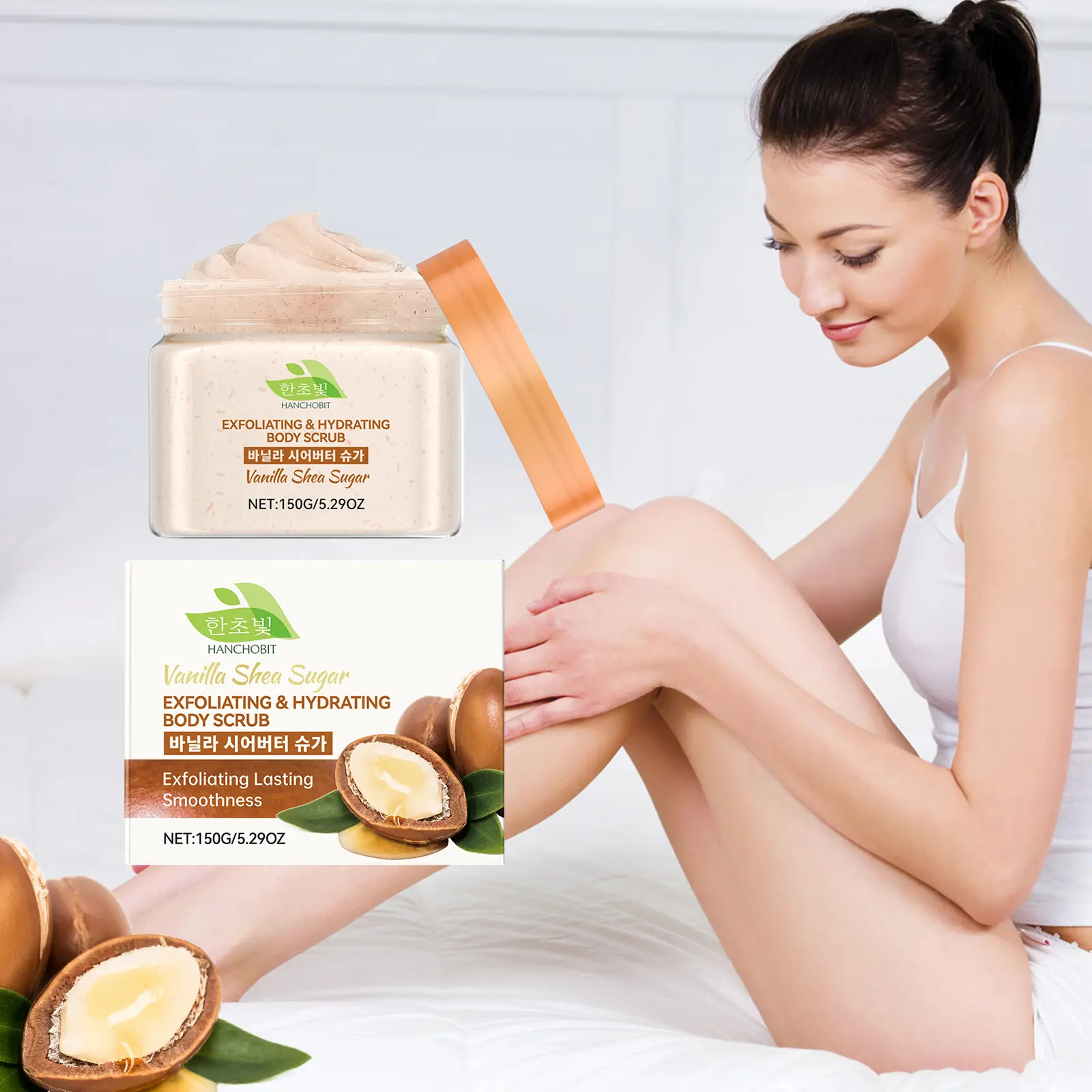 [Box of three] K Beauty Gentle Exfoliating & Hydrating Scrub 150g - Vanilla Shea Sugar Premium Body Buff Skin-Friendly Full-Body Exfoliation for All Skin Types, Sensitive Skin Friendly, Daily Cleansing & Renewal
