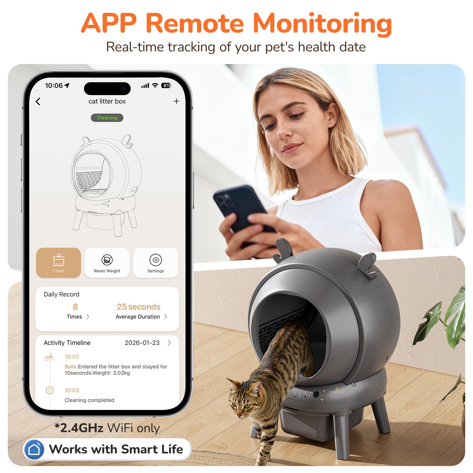 Furrykiddy Automatic Self Cleaning Litter Box, Cat Litter Box with APP Control, 65L Globe & Dual Safety Sensors, Robot Litter Box, 1 Roll Garbage Bags and Litter Mat, <35DB, for Multiple Cats Furrykiddy Automatic Self Cleaning Litter Box, Cat Litter Box with APP Control, 65L Globe & Dual Safety Sensors, Robot Litter Box, 1 Roll Garbage Bags and Litter Mat, <35DB, for Multiple Cats