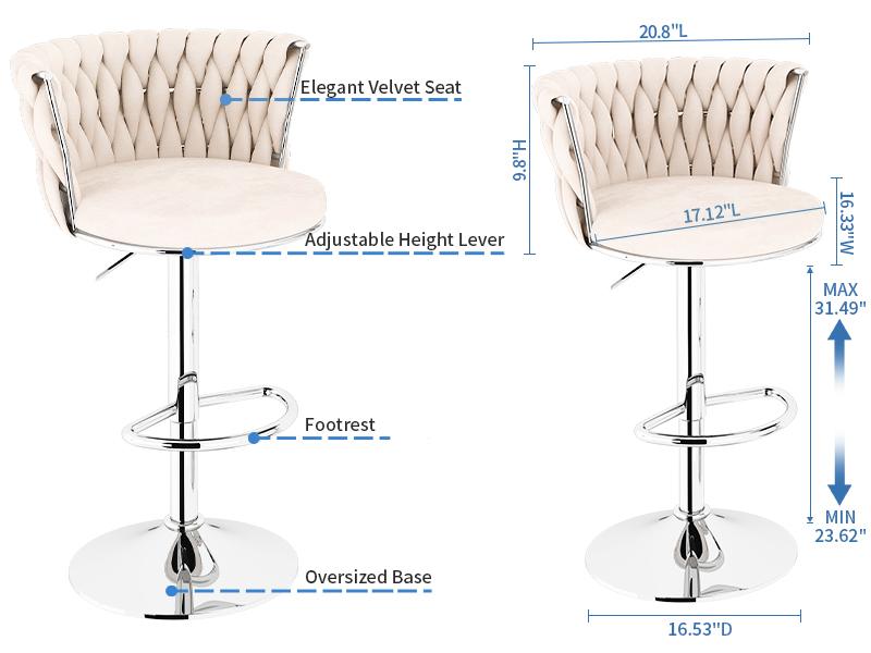 AWQM Set of 4 【Ships in 2 Packages (2 per Package)】Velvet Swivel Bar Stools, Adjustable Height Modern Kitchen Island Chairs,  Upholstered Bar Chairs,Easy to assemble
