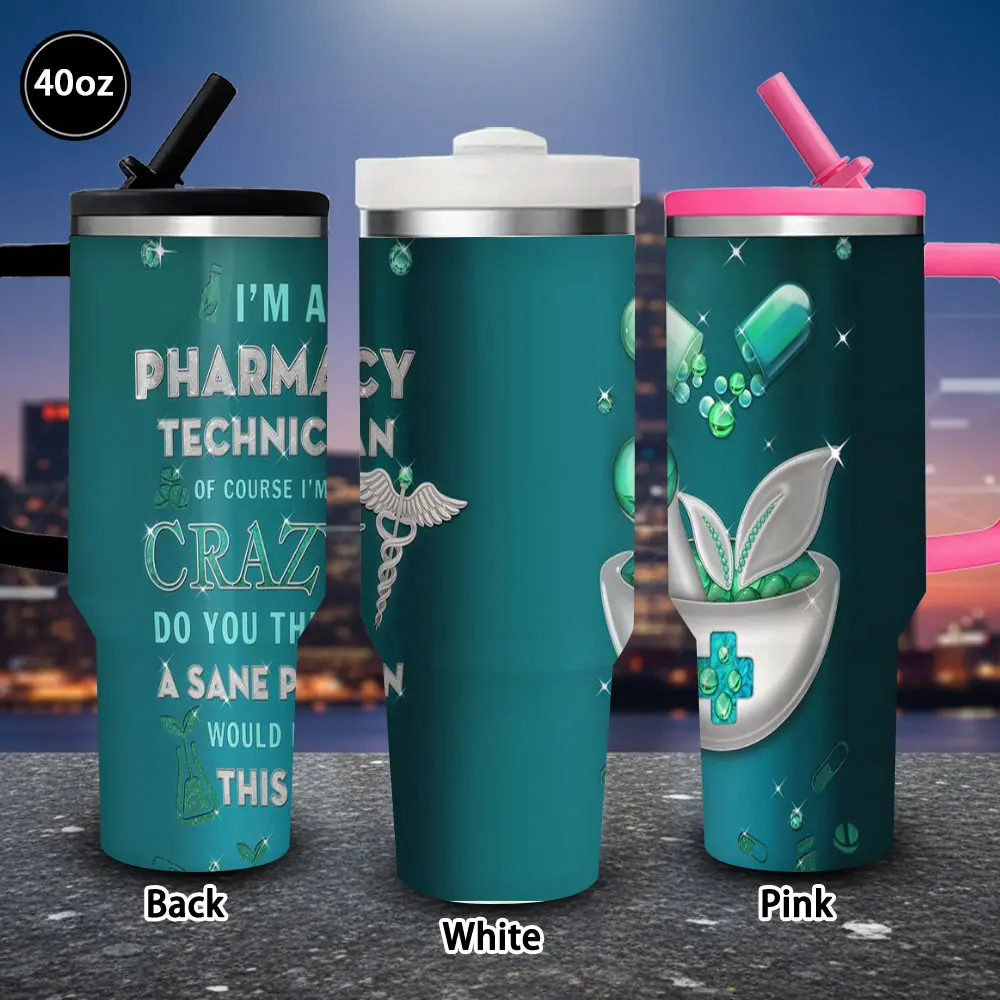 1pc 40oz Pharmacy Technician Crazy Tumbler with Lid and straw, Winter Insulated Travel Mug, Gift for Women Men, Ideal for Valentine's Day, Birthday Gift, Coffee Cup for Office