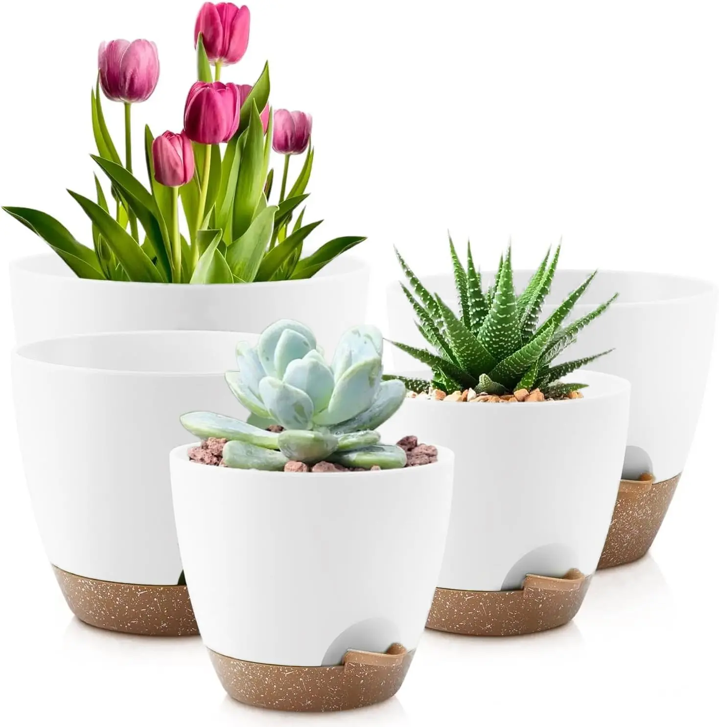 Carbonfree Certified Plastic Plant Pot Set (5-Pack) - Durable Self-Watering Flower Pots & Planters (7/6.5/6/5.5/5 In) with Mesh Drainage Holes, Removable Watering Feeder, White, for Indoor Houseplants, Outdoor Succulents, Ideal Gift for Lazy Gardeners