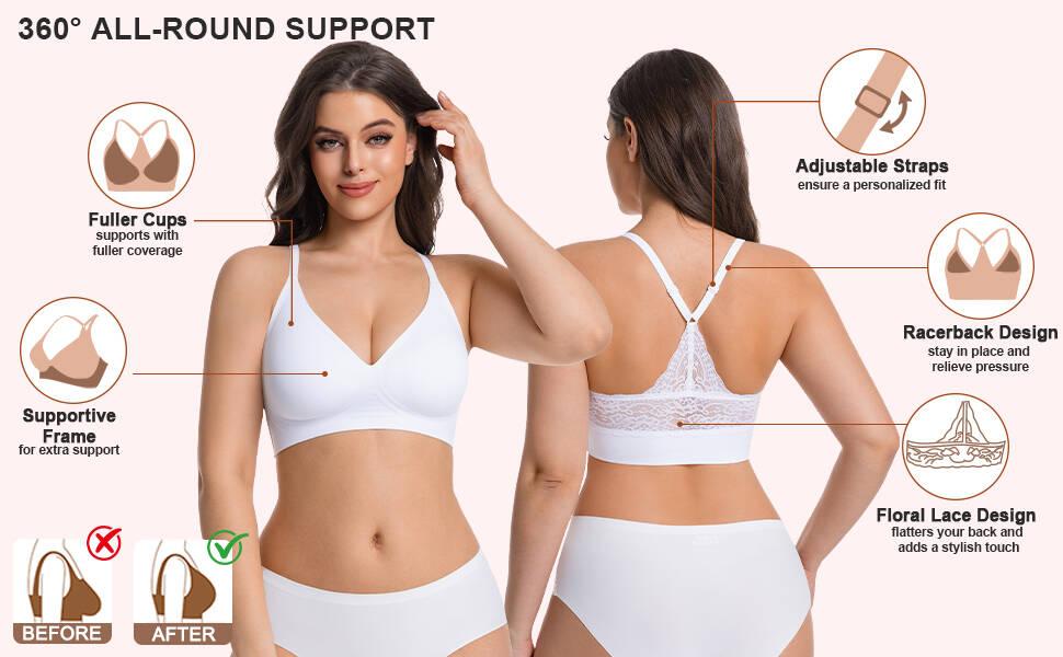 Lusait Women's Seamless Wireless Lace Bra Triangle Back Soft Jelly Bra Pullover Bra Seamless Wireless Lace Racerback Bralette Buttery Soft Comfort