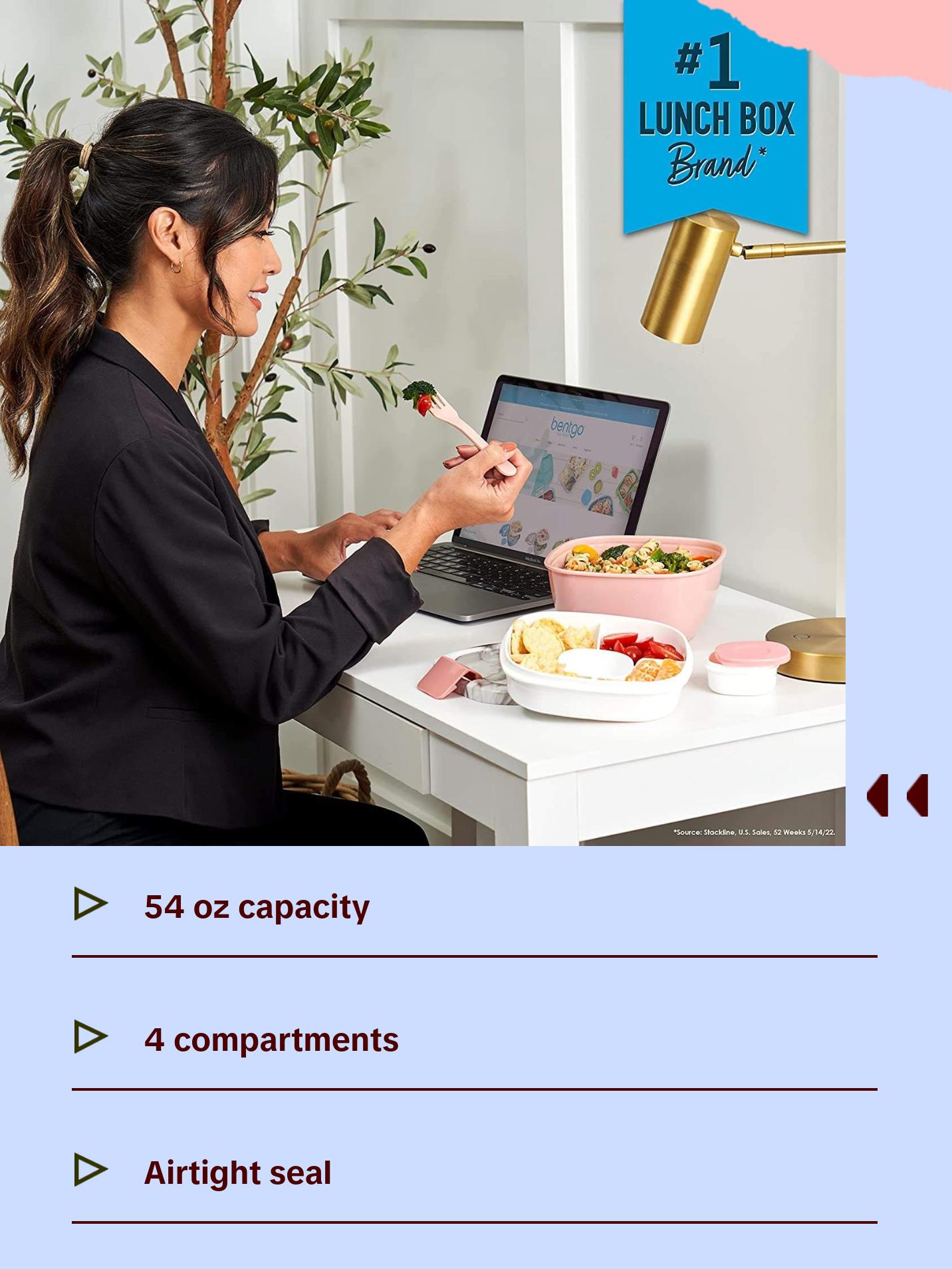 Salad - Stackable Lunch Container with Large Salad Bowl, 4-Compartment Bento-Style Tray for Toppings And Sauce Container