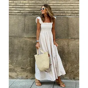 Women's Retro Plaid Smocked Dress Spaghetti Strap Flounce Long Casual Sleeveless Flowy Evening Fashion Basic with Pockets Womenswear Cute Elegant SpringStatements