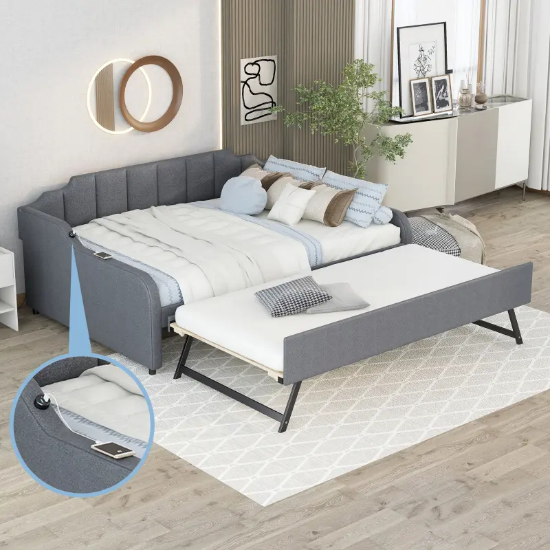 Full Size Upholstered Pine Wood Daybed with Adjustable Pull-Out Trundle (Flat/Erected), USB Port, Durable Legs, 76''x54.3'', 80.7''L×95.5''W×32.7''H, 137lb Capacity, Assembly Required (Pull Out Bed, Trundle Adjustable, Full Size Upholstery Daybed)