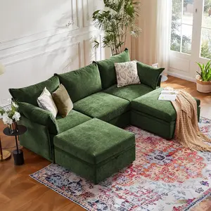 ABCASA 102.6" Luxury Modular Sectional Sofa, U-Shaped 5 Seater Couch with Storage Ottoman Deep Seat & Reversible Chaise Lounge Chenille Green for Compact Spaces, Apartments, Dorm