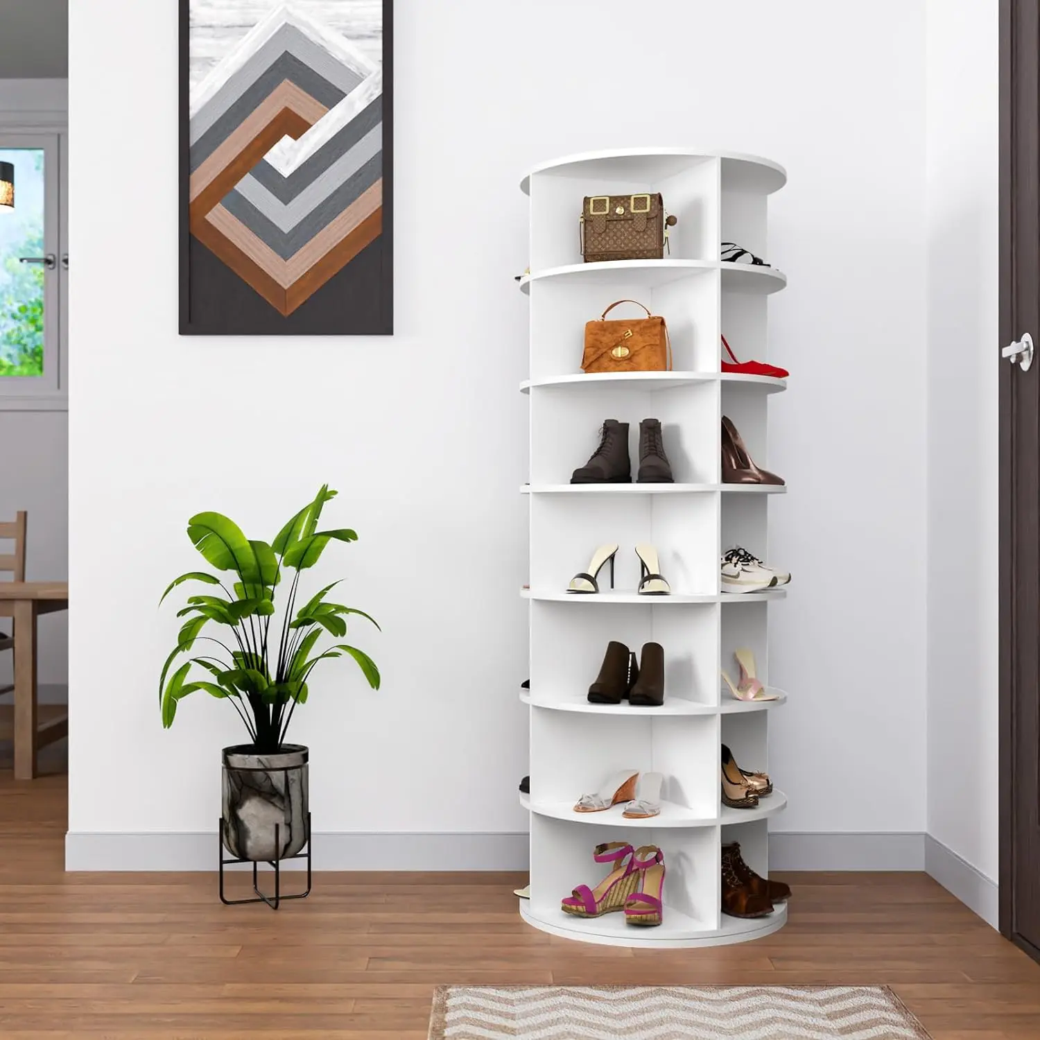 7 Tier Rotating Shoe Rack Tower, Spinning Shoe Display, 360 Shoe Rack Storage Round Carousel, Vertical Handbag Rotate Shoes Closet Organization (WHITE)
