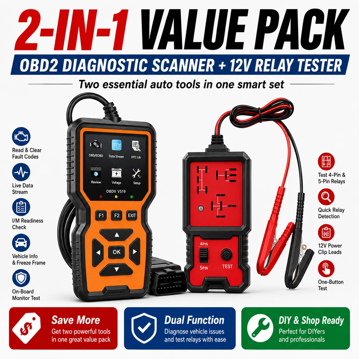 2-in-1 OBD2 Scanner & 12V Automotive Relay Tester Tools Kit for Cars Accessories, V519 Car Diagnostic Code Reader with Live Data, Read/Clear Engine Fault Codes, I/M Readiness, 4-Pin 5-Pin Relay Checker with Battery Clips