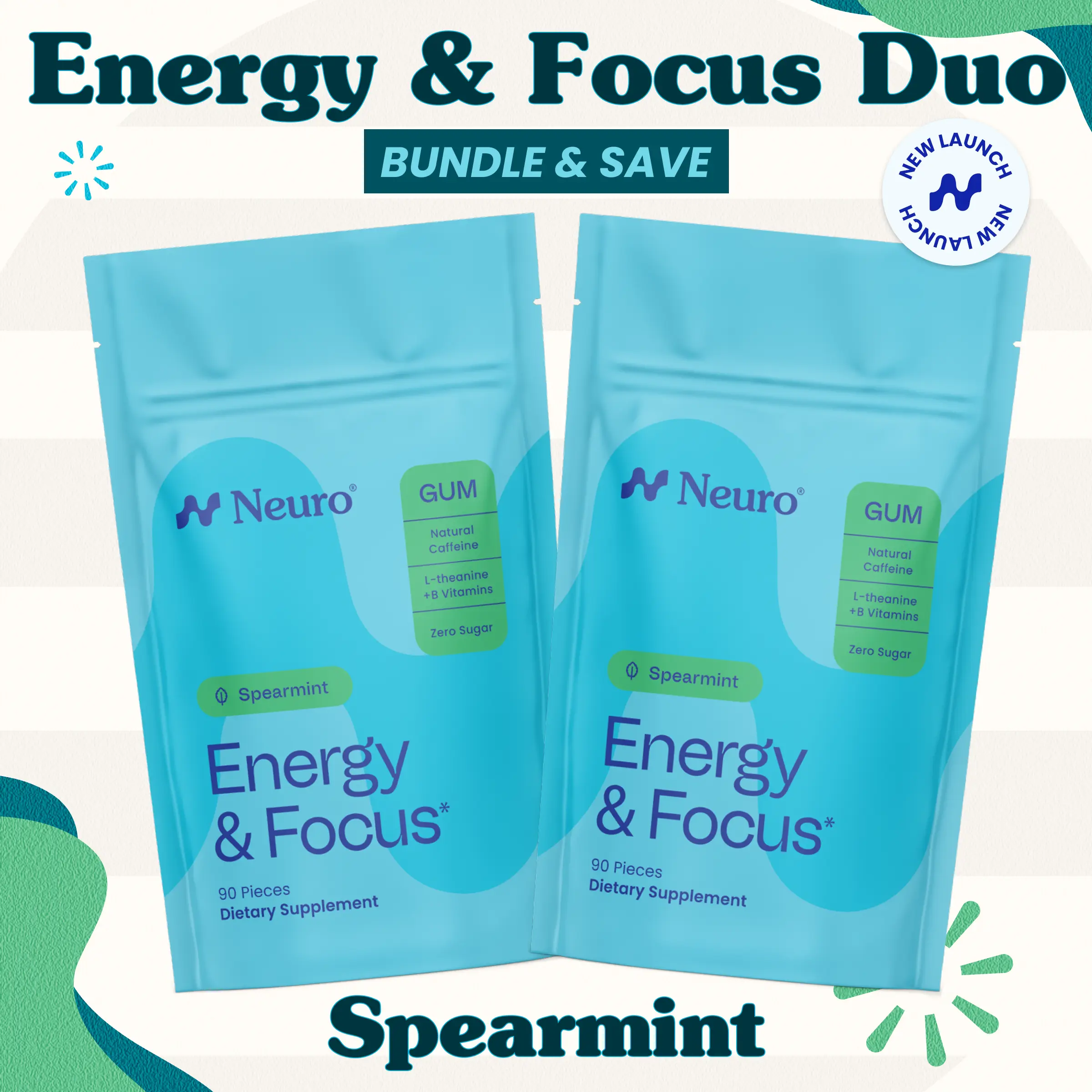 Energy & Focus Duo - Caffeine Gum - Spearmint (2-Bulk Pouches)